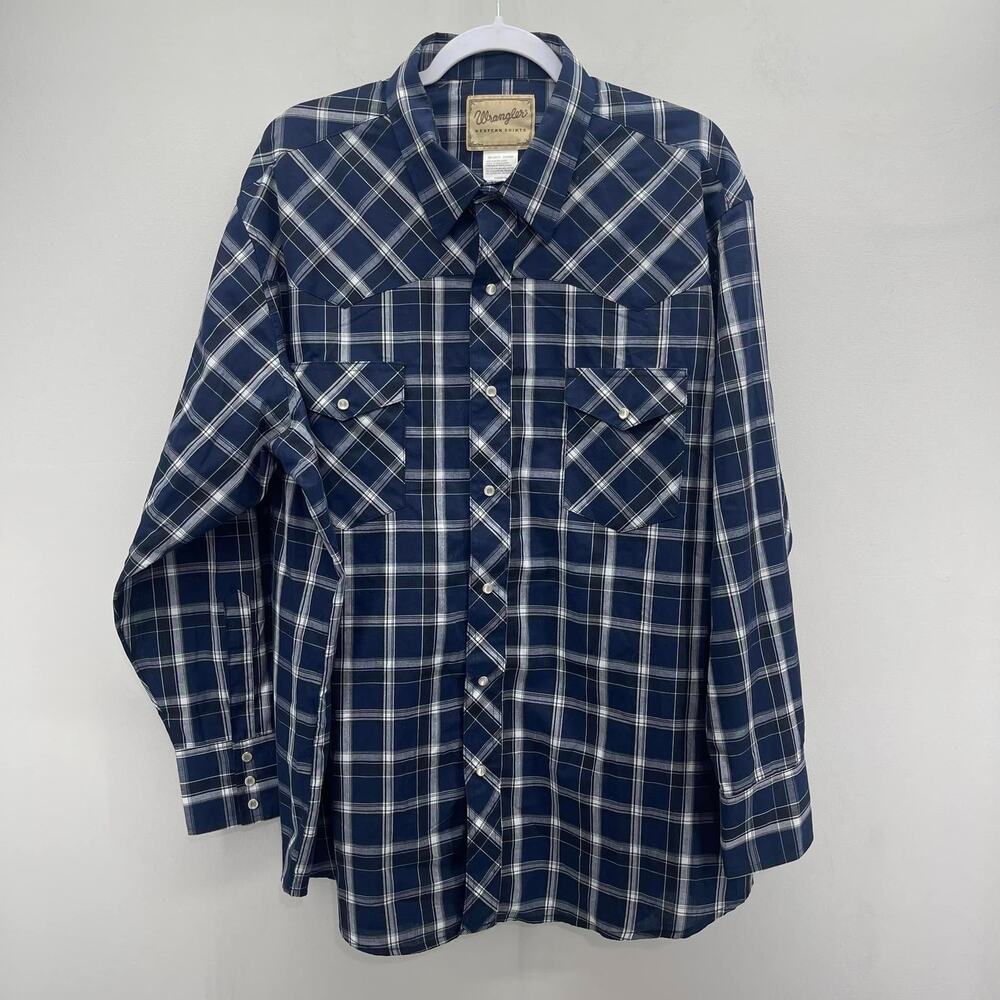 Wrangler Pearl Snap Western Shirt Mens 2XL Big Blue White Plaid Long Sleeve‎